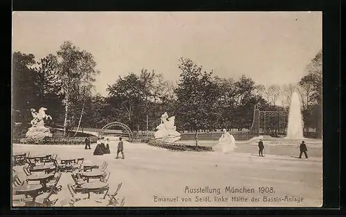 AK München, Ausstellung 1908, Emanuel von Seidl, linke Hälfte der Bassin-Anlage
