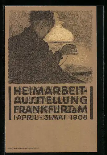 Künstler-AK Frankfurt a. M., Heimarbeit-Ausstellung 1908, Frau beim Nähen