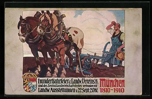 Künstler-AK München, Landwirtschaftliche Ausstellung 1910, Bauer beim Pflügen