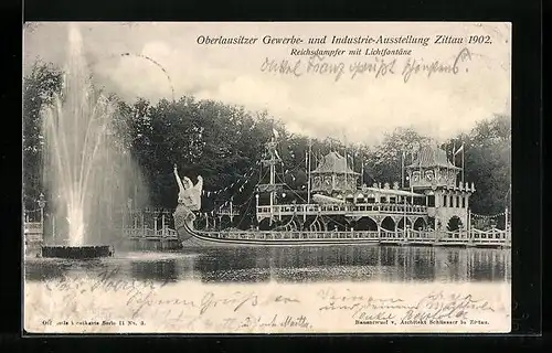 AK Zittau, Oberlausitzer Gewerbe- und Industrie-Ausstellung 1902, Reichsdampfer mit Lichtfontäne