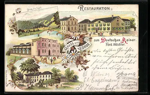 Lithographie Voerde, Restauration zum Deutschen Kaiser, Saal, Gartenanlagen