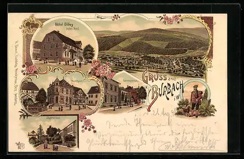 Lithographie Burbach i. W., Hotel Diltey, Jägerstrasse, Totalansicht, Marktplatz