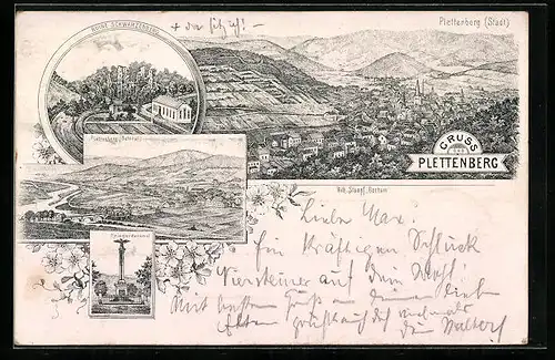 Lithographie Plettenberg, Ruine Schwarzenberg, Kriegerdenkmal
