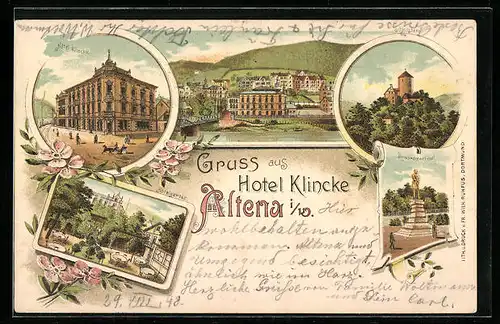 Lithographie Altena i. W., Hotel Klincke, Bismarckdenkmal