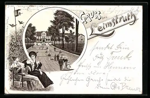 Lithographie Leimstruth, Strassenpartie, Damen auf der Bank