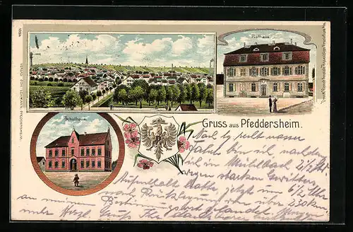 Lithographie Pfeddersheim, Totalansicht, Rathaus, Schulhaus