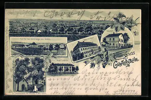 Lithographie Guntersblum, Bahnhof, Altes Schloss, Neues Schulhaus