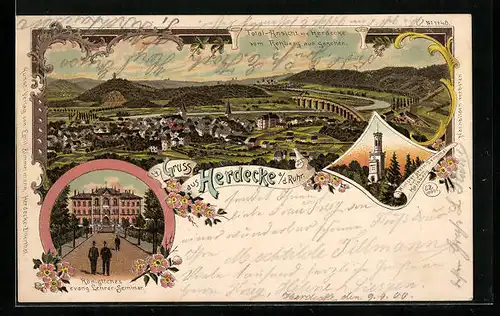 Lithographie Herdecke a. d. Ruhr, Totalansicht, Königl. ev. Lehrer-Seminar