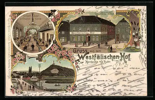 Lithographie Herdecke a. Ruhr, Hotel und Restauration Westfälischer Hof, Kaiserberg