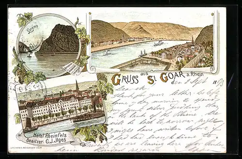 Vorläufer-Lithographie St. Goar a. Rh., Hotel Rheinfels, Loreley 1893