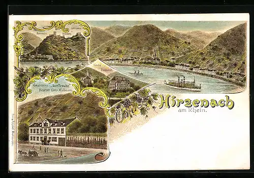 Lithographie Hirzenach a. Rh., Gasthaus zur Traube, Kirche, Pastorat, Bornhofen