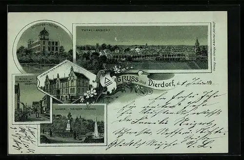 Mondschein-Lithographie Dierdorf, Totalansicht, Schoss-Ruine, Krieger-Denkmal