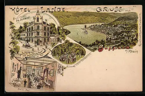 Lithographie Boppard a. Rhein, Hôtel Lange, Saal und Garten
