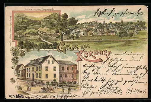 Lithographie Kördorf, Partie aus dem Dörsbachthal, Gastwirtschaft Klamp