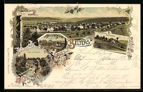Lithographie Selters, Gasthaus Hammermühle, Kath. Kirche, Idylle am Saynbach