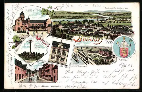 Lithographie Bendorf a. Rh, Wappen, Bendorfer Zeitung, Rheinwerft, Bachstr.