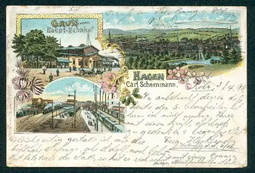 Lithographie Hagen, Bahnhof mit Bahnhofrestaurant von Carl Schemmann, Stadt-Panorama