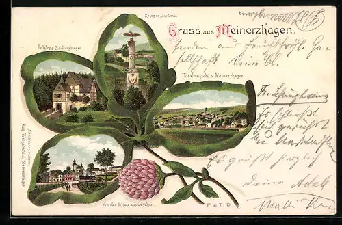 Passepartout-Lithographie Meinerzhagen, Kriegerdenkmal, Ortsansicht von der Schule gesehen, Gesamtansicht