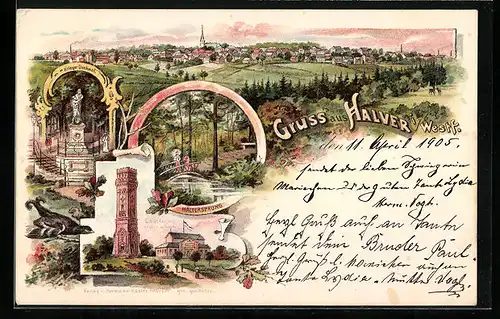 Lithographie Halver i. Westf., Carlshöhe mit Aussichtsturm, Kriegerdenkmal, Panorama