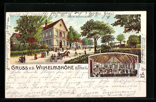 Lithographie Bünde i. W., Gasthaus Wilhelmshöhe von W. Kuhlmann, Aussen - und Innenansicht