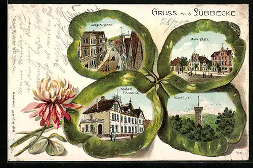 Passepartout-Lithographie Lübbecke, Langestrasse, Postamt, Marktplatz, Wart-Turm