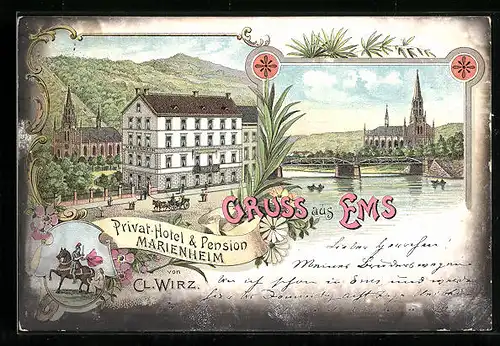 Lithographie Bad Ems, Privat-Hotel & Pension Marienheim, Kirche & Flusspartie