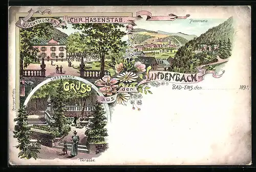 Lithographie Bad Ems, Gasthaus Lindenbach v. Chr. Hasenstab, Terrasse & Panorama