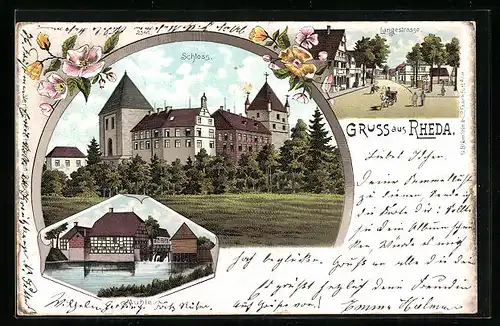Lithographie Rheda, Langestrasse, Schloss, Mühle - Wassermühle