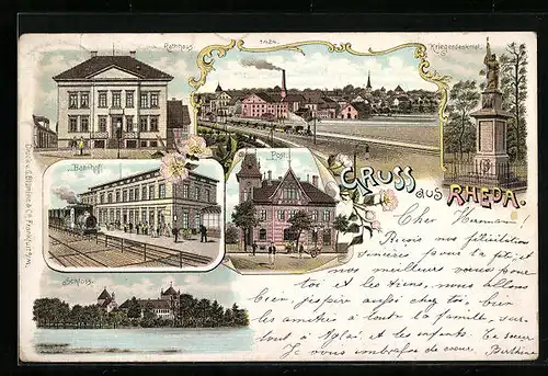 Lithographie Rheda, Bahnhof, Postamt, Rathaus, Schloss, Panorama