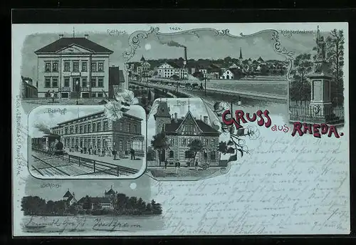 Mondschein-Lithographie Rheda, Bahnhof, Rathaus, Schloss, Panorama mit Eisenbahn