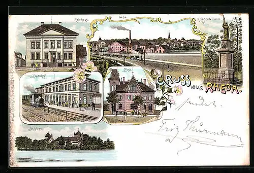 Lithographie Rheda, Panorama mit Eisenbahn, Bahnhof, Rathaus