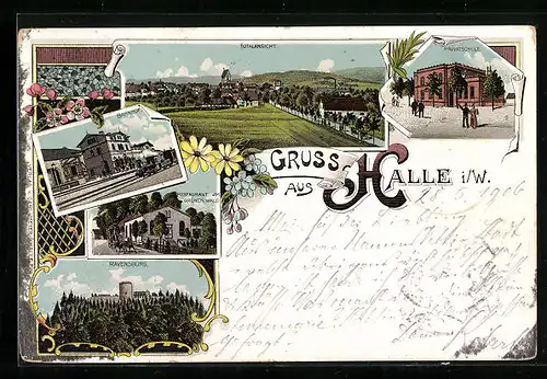 Lithographie Halle i. W., Bahnhof, Restaurant im Grünen Wald, Totalansicht