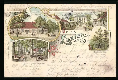 Lithographie Loxten, Restaurant Fenstermann, Kegelbahn und Vergnügungsplatz, Haus Loxten