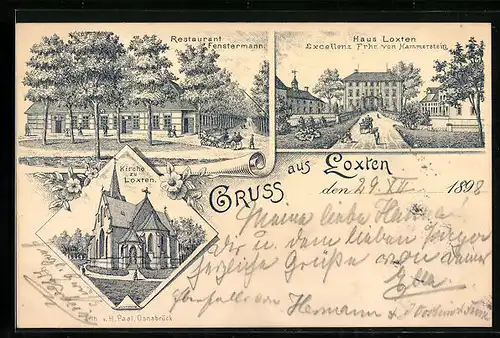 Lithographie Loxten, Gutshaus Freiherrr von Hammerstein, Restaurant Fenstermann, Kirche