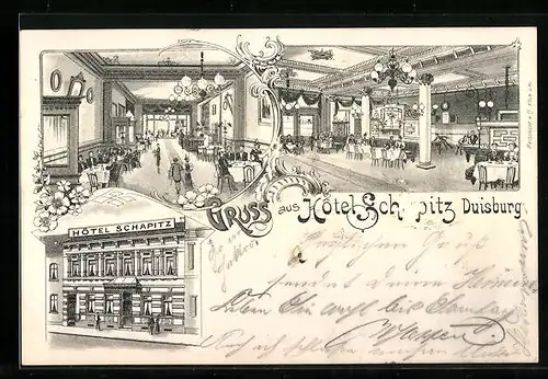 Lithographie Duisburg, Hotel Schapitz, Aussen - und Innenansicht