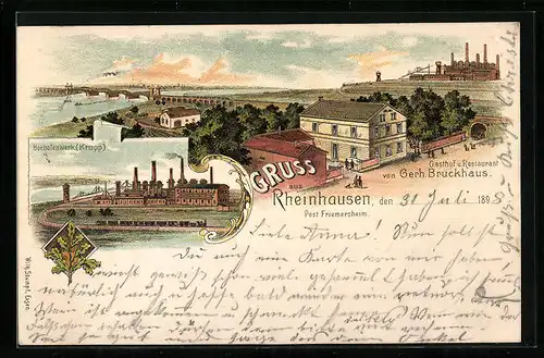 Lithographie Rheinhausen, Krupp Hochofenwerk, Gasthof & Restaurant Gerh. Bruckhaus