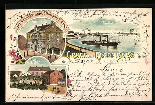 Lithographie Essenberg / Rhein, Restaurant zur Reichskrone v. Tillmann Schroer, Binnenschiffe zwischen Homberg & Ruhrort