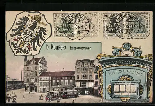 AK Ruhrort, Briefkasten, Friedrichsplatz mit Strassenbahn