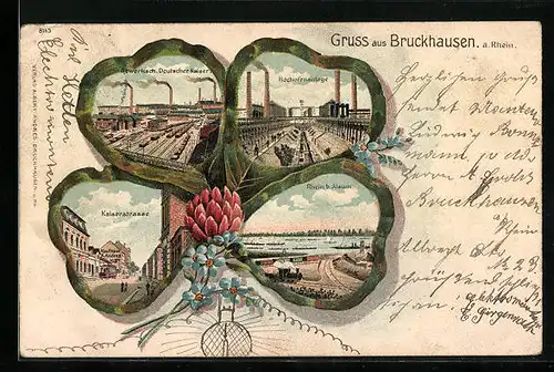 Passepartout-Lithographie Bruckhausen / Rhein, Kaiserstrasse, Fabrikanlagen der Hochofenanlage