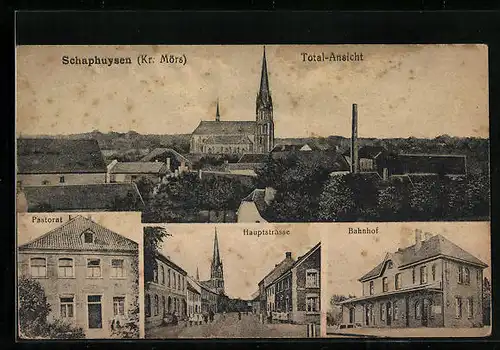 AK Schaephuysen / Kr. Mörs, Bahnhof, Hauptstrasse, Pastorat