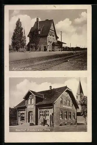 AK Frille, Gasthof Bredemeier, Bahnhof von der Gleisseite