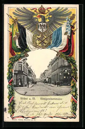 Passepartout-Lithographie Höchst a. M., Blick in die Königsteinerstrasse, Wappen