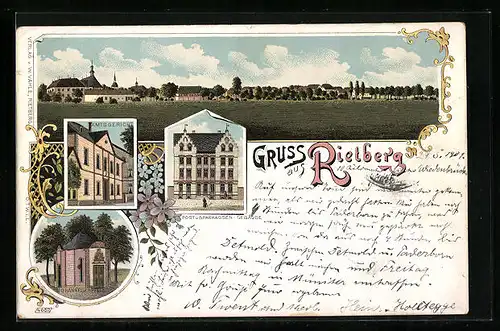 Lithographie Rietberg, Amtsgericht, Post und Sparkassen-Gebäude