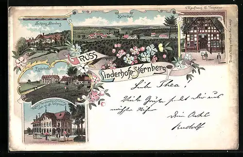 Lithographie Linderhofe-Sternberg, Hotel Victoria, Kaufhaus von G. Vehmeier, Schloss