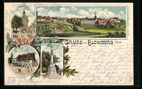 Lithographie Blomberg i. Lippe, Rathaus und Verwaltungsamt, Kriegerdenkmal