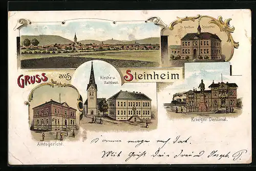 Lithographie Steinheim, St. Rochus Hospital, Amtsgericht, Kriegerdenkmal