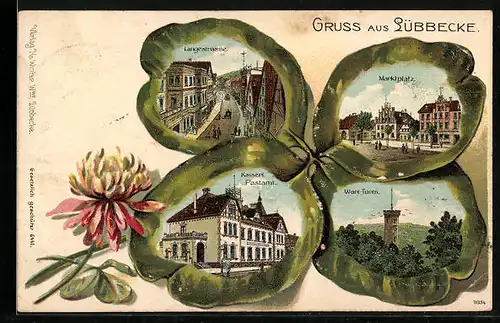 Passepartout-Lithographie Lübbecke, Langestrasse, Marktplatz, Postamt, Kleeblatt