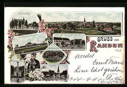 Lithographie Rahden i. Westf., Hotel Wolter und Kaiserl. Postamt, Pensionat Wehrkamp