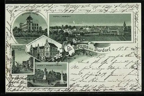 Mondschein-Lithographie Dierdorf, Schloss-Ruine, Blick vom Johanniter Hospital, Kriegerdenkmal