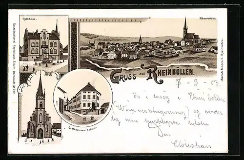 Lithographie Rheinböllen, Gasthaus zum Schwan, Rathaus, Kirche